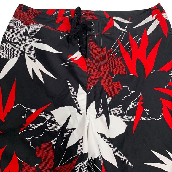 First Wave Board Shorts Swim Trunks 34 Black Red Floral Hook Loop Drawstring - Picture 2 of 5